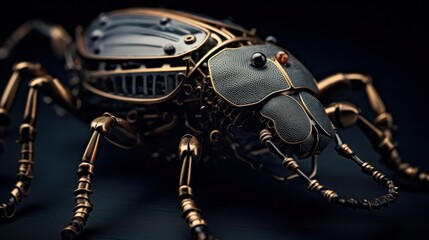  a close up of a metal insect on a black background with a black background and a black background with a black background.