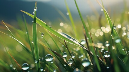 Fototapeta premium a close up of a grass with water droplets on the blades of the grass and a blue sky in the background.
