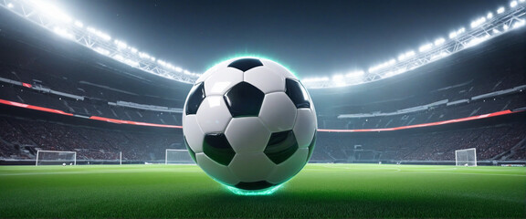 Futuristic Glow-in-the-Dark Soccer Ball Banner with Neon Stadium Background