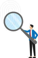 Man holding a magnifying glass examining a fingerprint concept, 
