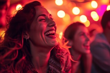 Naklejka premium A vibrant group of women adorned in red festival attire, their beaming faces lit up with infectious smiles as they revel in the joy of music and laughter