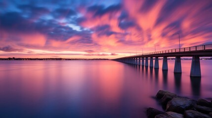  a long bridge over a large body of water under a purple and blue sky with a few clouds above it.