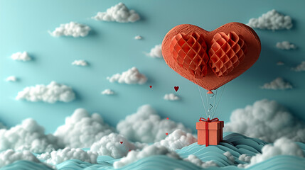 Fototapeta na wymiar Paper art style of red heart-shaped balloons carrying gift boxes among clouds, depicting Valentine's Day celebration. AI generative