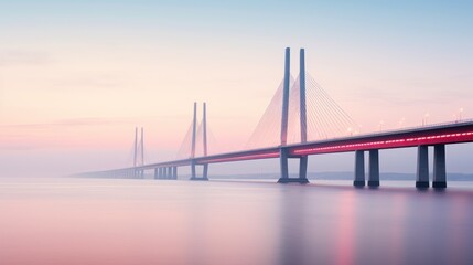  a long bridge over a body of water with a red light at the end of the bridge and a red light at the end of the bridge.