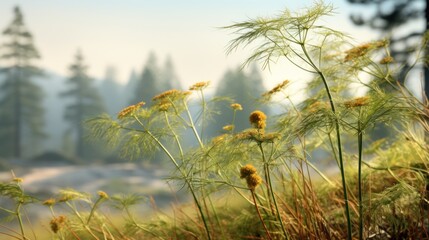  a close up of a bunch of plants in a field with trees in the back ground and a foggy sky in the background.