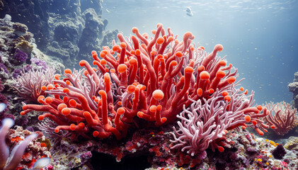 Naklejka na ściany i meble A vibrant coral reef teems with life including anemones and fish