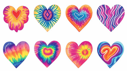 A set of hearts with classic 60s tie-dye patterns, 1960s retro set, white background, Valentine's Day, doodle, drawings