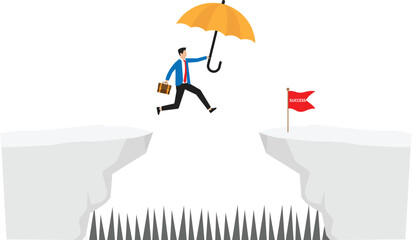 Businessman jump from the cliff obstacle over chasm go to the opposite goal concept,
