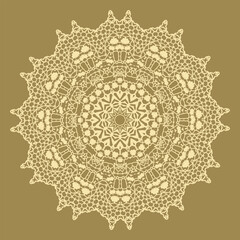 Lace white napkin on a khaki background. Openwork mandala, decorative element, round pattern for your project. Version No. 8. Vector illustration