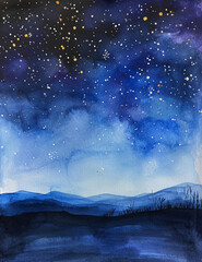 simple view of night sky painted in watercolors. AI generative