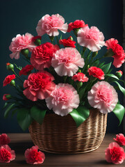 Carnation Bouquet Illusion: Artistic Composition in a Basket Craftily Mimicking a Natural Floral Ensemble. generative AI