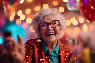 Joyful senior woman, chic in glasses and elegant attire, beams among balloons at a lively party generative ai