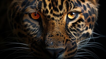  a close - up of a leopard's face with orange eyes and a long whiskered tail. - obrazy, fototapety, plakaty