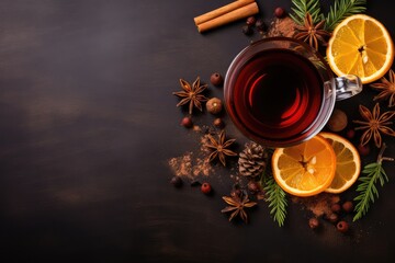 Obraz na płótnie Canvas Warm Mulled Wine in Glass Cup Surrounded by Citrus and Spices on Dark Background