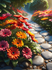 Obraz na płótnie Canvas Gerbera Pathway: An Artistic Composition Symbolizing a Bright and Cheerful Journey. generative AI