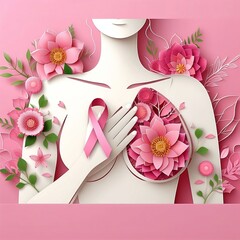breast cancer awareness day, Body Woman with flowers in Design Illustration with pink Background with space for copy created with generative ai	