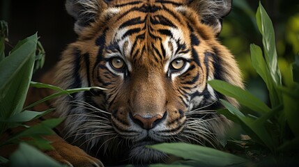  a close up of a tiger's face surrounded by plants and greenery in a dark room with a black background.