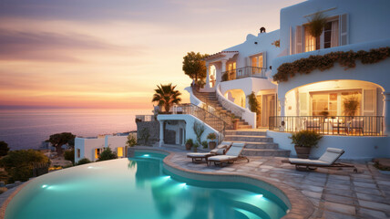 Luxury villa with infinity pool overlooking sea in evening in summer. Rich mansion with terrace,...