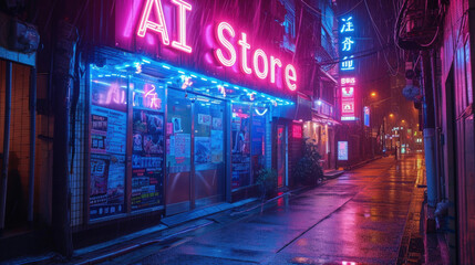 Neon sign of AI Store on dark wet deserted street in rain at night, gloomy city buildings with...
