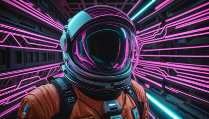Retro Space Age Astronaut Background with Neon Glow