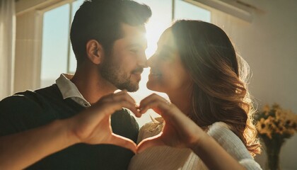 Valentine's Day, love, family, happiness. Beautiful young couple at home making a heart sign with hands, smiling and kissing. - obrazy, fototapety, plakaty