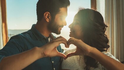 Valentine's Day, love, family, happiness. Beautiful young couple at home making a heart sign with...