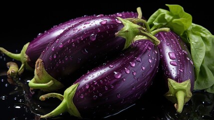  a group of purple eggplant on a black surface with water droplets on the top of the eggplant.