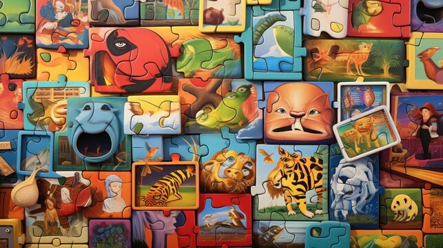  a close up of a bunch of puzzles with pictures of animals and birds on them and a picture of a cat.