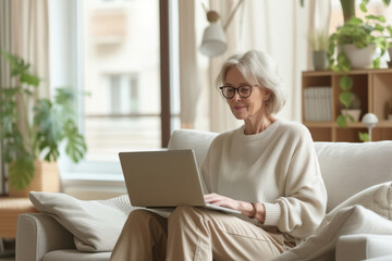 A senior woman with elegant gray hair and glasses is comfortably seated on a beige couch, deeply engrossed in using her laptop in a bright, cozy living room setting. - obrazy, fototapety, plakaty