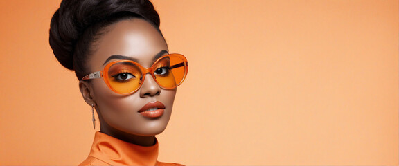 Stylish African American woman with trendy eyeglasses on vibrant orange background - stylish banner.