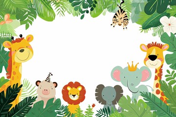 Fototapeta premium Minimalist small cute and fun baby jungle animals in the style of a childerns invitation, large amount of empty space in the middle, cute kids / nursery background.