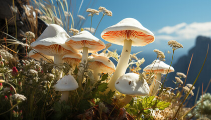 Fototapeta premium Freshness of autumn, edible mushroom growth in uncultivated forest generated by AI