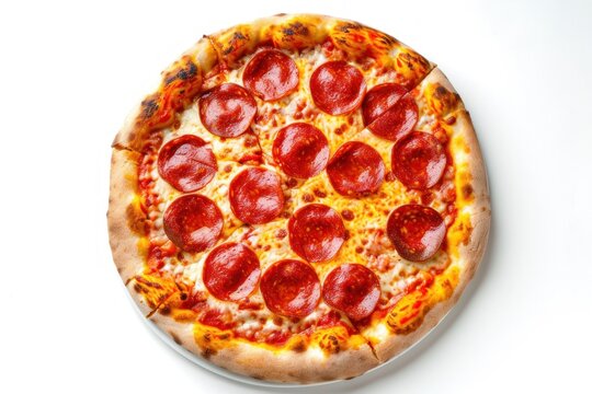 Pepperoni pizza isolated on white background with copy space. top view. Pepperoni. Cheese Pull. Pepperoni Pizza on a Background with copyspace.