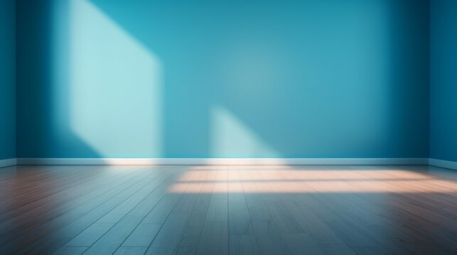 A spacious room with a vibrant blue turquoise wall and sleek wooden flooring, sunlight streaming through the window creating a warm glare, perfect for presentation backgrounds