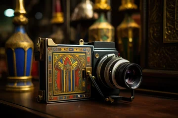 Fotobehang Vintage camera on a wooden table in a room with a lamp. antique vintage camera on wooden surface. antique collection. © Jahan Mirovi