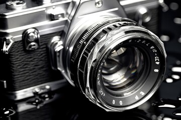 Vintage camera on a black background. Shallow depth of field. classic camera black and white photography. vintage photography concept.