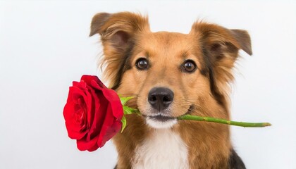 The dog is holding a red rose in her mouth as a gift for Valentine's Day on a white background