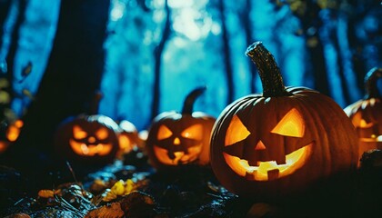 Halloween pumpkins in a spooky forest at night  - obrazy, fototapety, plakaty