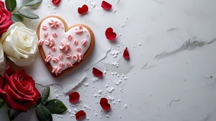 Valentine's Day flatlay white background for text with decorated cookie and roses. Product mockup scene creator.