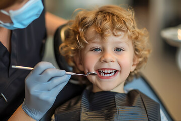 child sitting in a dental chair with a dentist examining their teeth