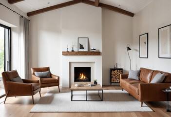 Rustic living room with minimal decor featuring leather furniture and gas fireplace with wooden mantel.