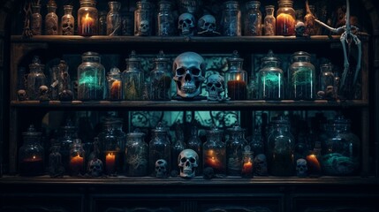 A spooky Halloween apothecary shelf scene, with jars filled with colorful, swirling potions, accompanied by eerie skulls and mysterious glass objects, all under a soft, supernatural light.