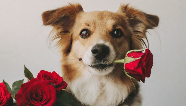 The dog is holding a red rose in her mouth as a gift for Valentine's Day on a white background 