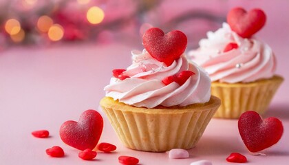 Saint Valentines Day background. Cupcake or tartlet with pink meringue cream decorated with big red hearts, love symbol, and small heart shape candies. 