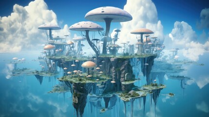  a floating island in the middle of a body of water with lots of mushrooms floating on top of the land.