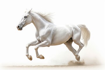 Obraz na płótnie Canvas Ethereal Elegance: A Majestic White Horse Gracefully Stands Against a Pure White Background, Embodying Timeless Beauty and Serene Minimalism, Generative AI