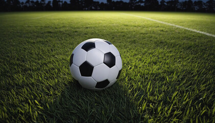 Grassy field, soccer ball, night scene, vibrant team sport.