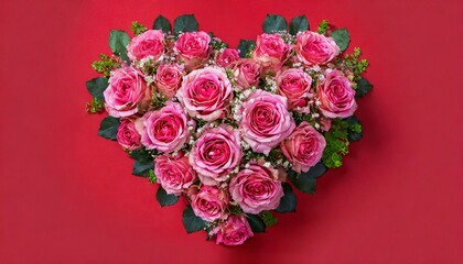 Valentines Day Heart Made of pink Roses Isolated on red Background.	
