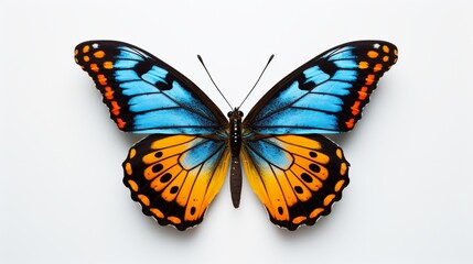 Fototapeta na wymiar A stunning butterfly with vibrant blue, yellow, and orange hues, featuring subtle Halloween motifs on its wings, soaring gracefully against a white backdrop.
