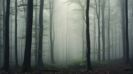  a foggy forest with lots of trees and leaves on the ground and a bench in the middle of the woods.